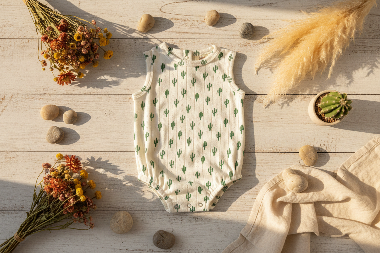 Cactus organic pointelle dune bubble romper desert boho rustic farmhouse flat lay
