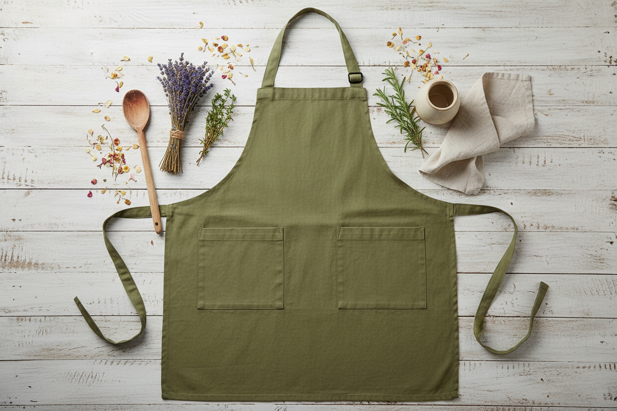 Olive green bib apron flat lay on whitewashed wood with dried lavender, rosemary, wooden spoon and cream linen towel in rustic farmhouse kitchen setting