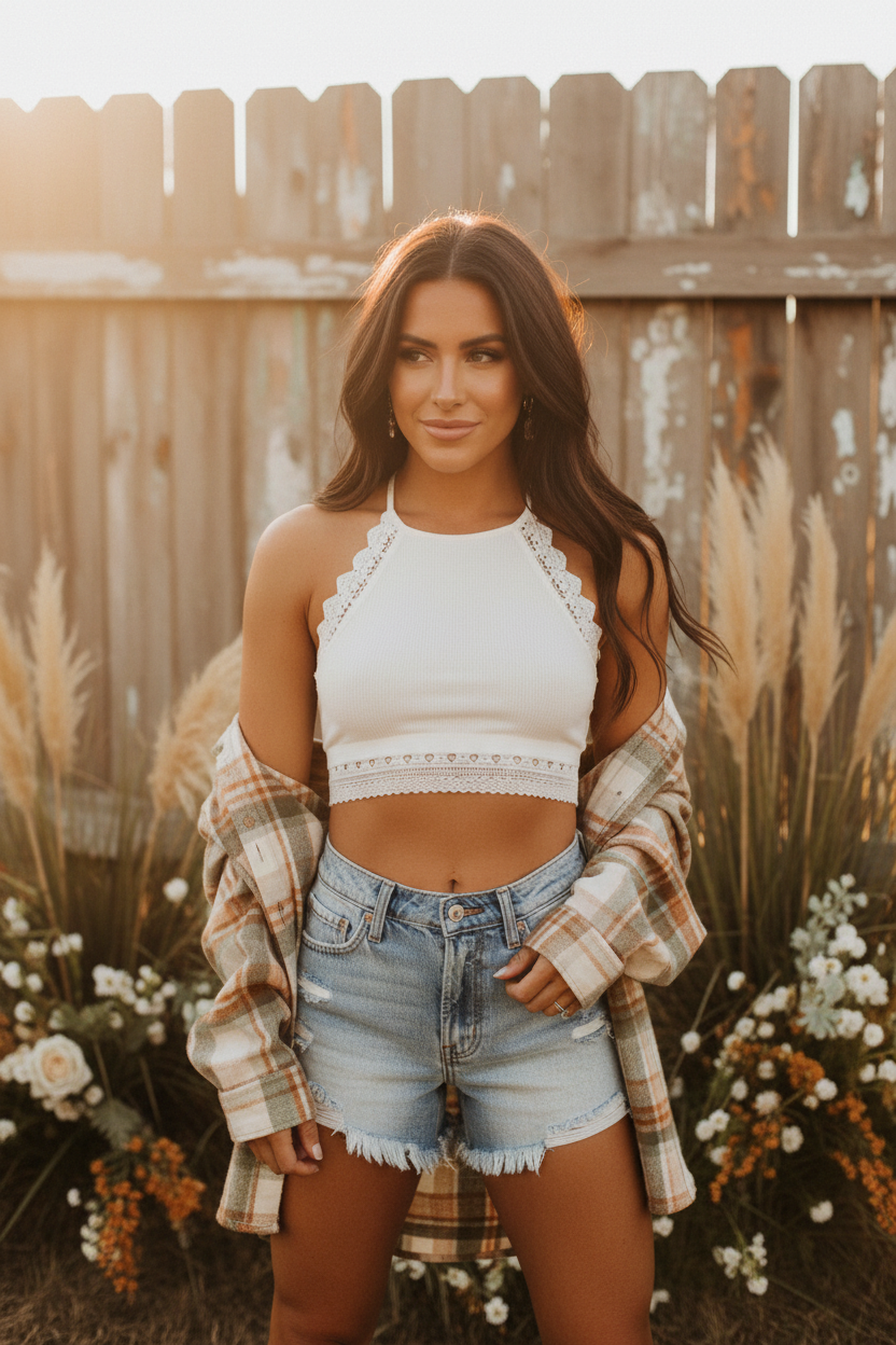 Woman wearing ivory crochet halter bralette with jean shorts and loose plaid flannel draped off one shoulder in rustic golden hour boho setting