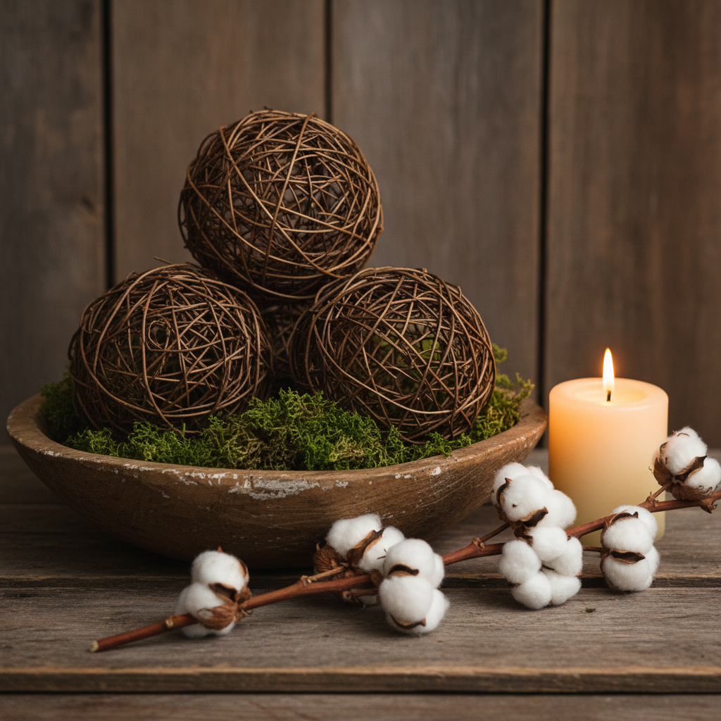 Trio of three large 4-inch natural woven vine balls arranged in a triangle in a weathered wooden bowl with decorative moss, dried cotton stems and a flickering candle on dark barn wood in warm amber light