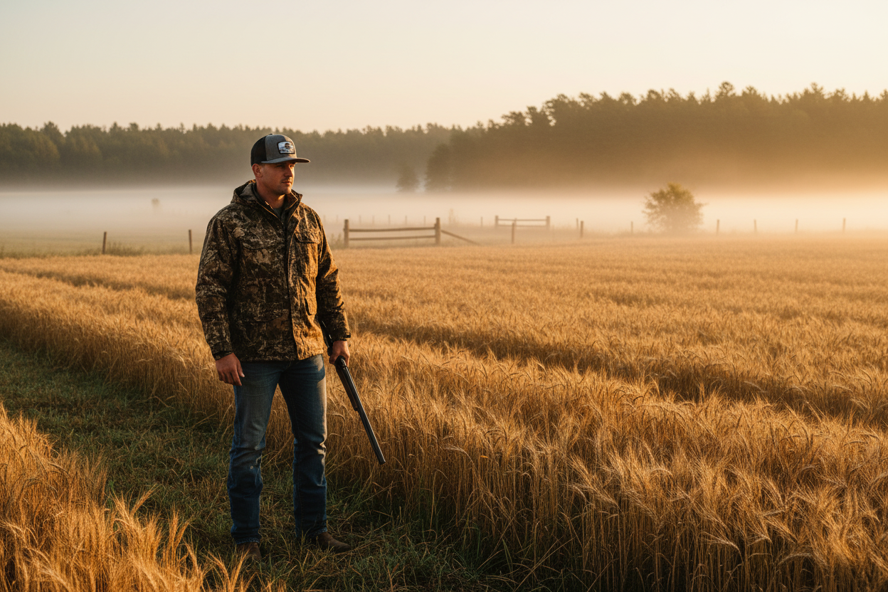 Rugged hunter cowboy wearing heather gray American Skull Buck snapback hat at edge of golden wheat field at dawn with camo jacket and rifle in misty farmland setting