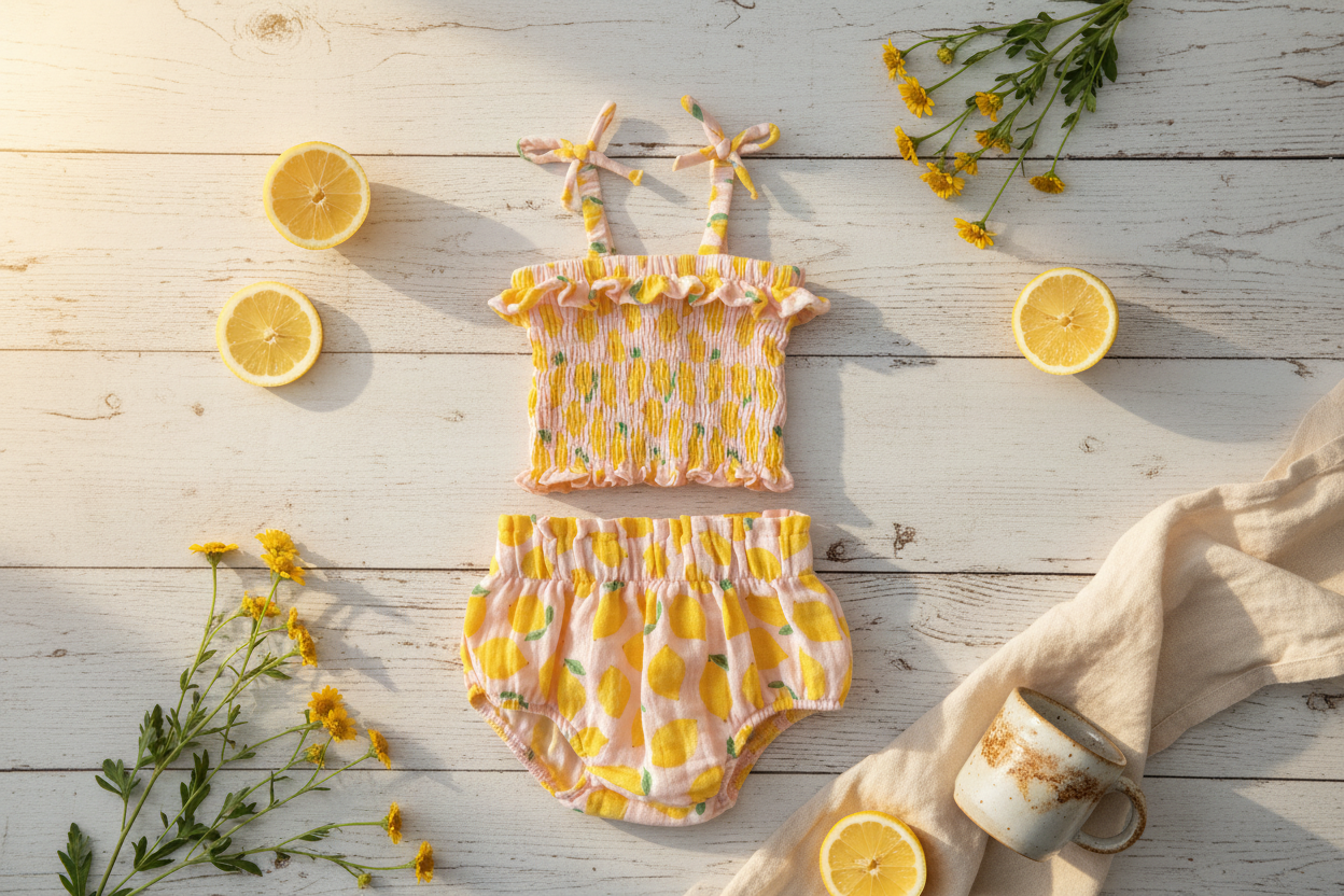 Lemon sorbet muslin smocked ruffle top and bloomer set rustic farmhouse flat lay