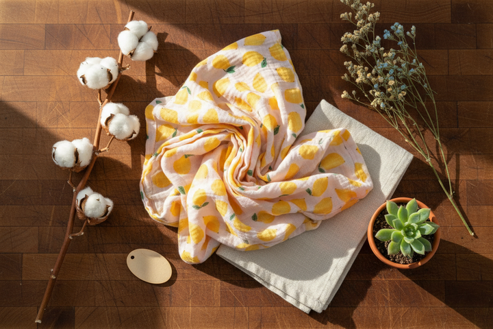 Lemon Sorbet Muslin Crib Sheet - Farmhouse Flat Lay