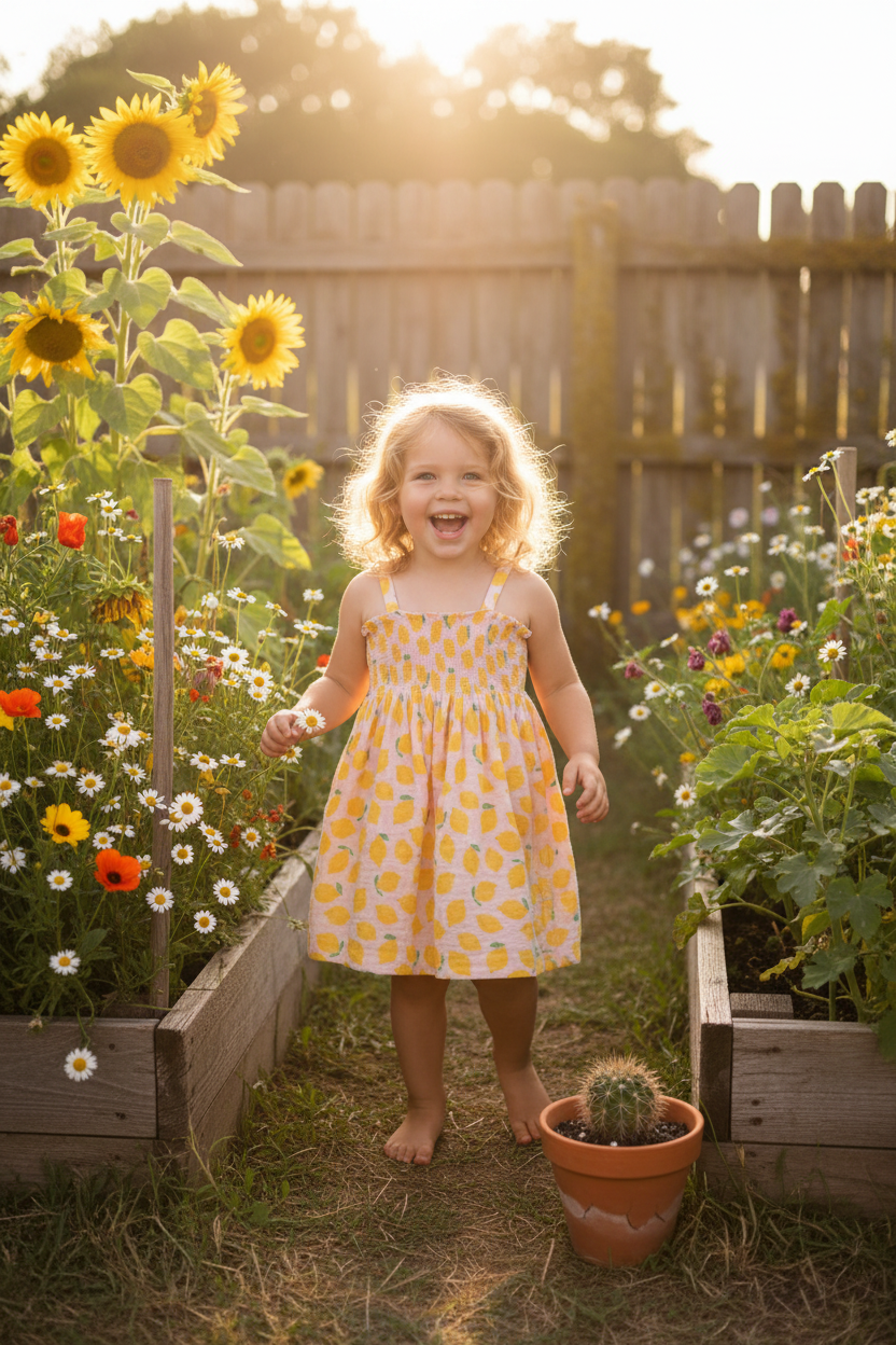 Lemon Sorbet Smocked Dress Girl in Farm Garden