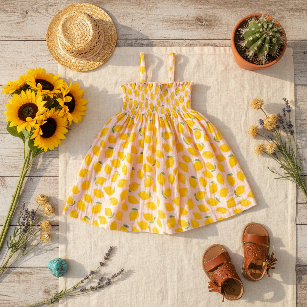 Lemon Sorbet Smocked Dress Rustic Flat Lay