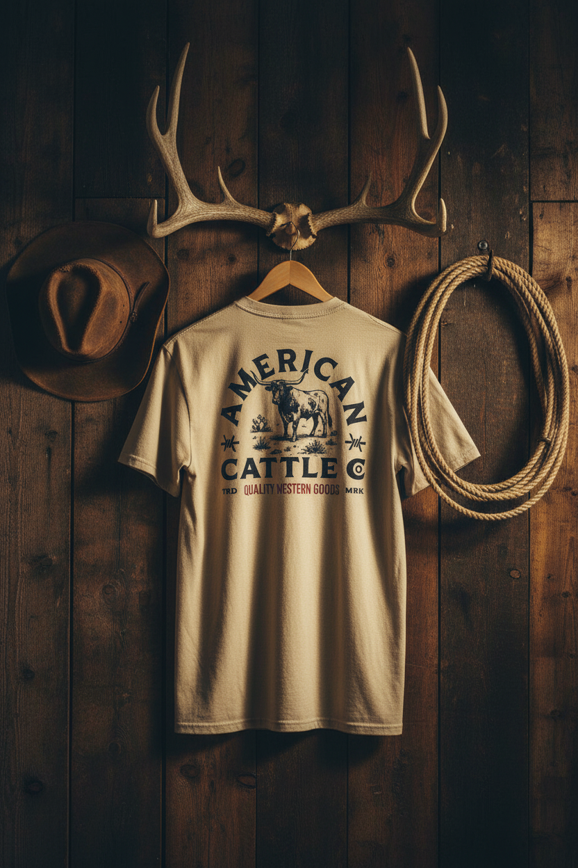 Longhorn Western Tee — Back Rustic Hanging Display