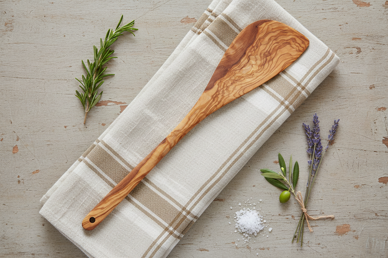 Olive Wood Corner Spatula — Farmhouse Kitchen Towel Flat Lay