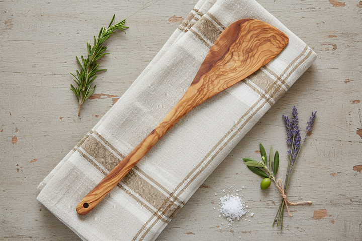 Olive Wood Corner Spatula — Farmhouse Kitchen Towel Flat Lay