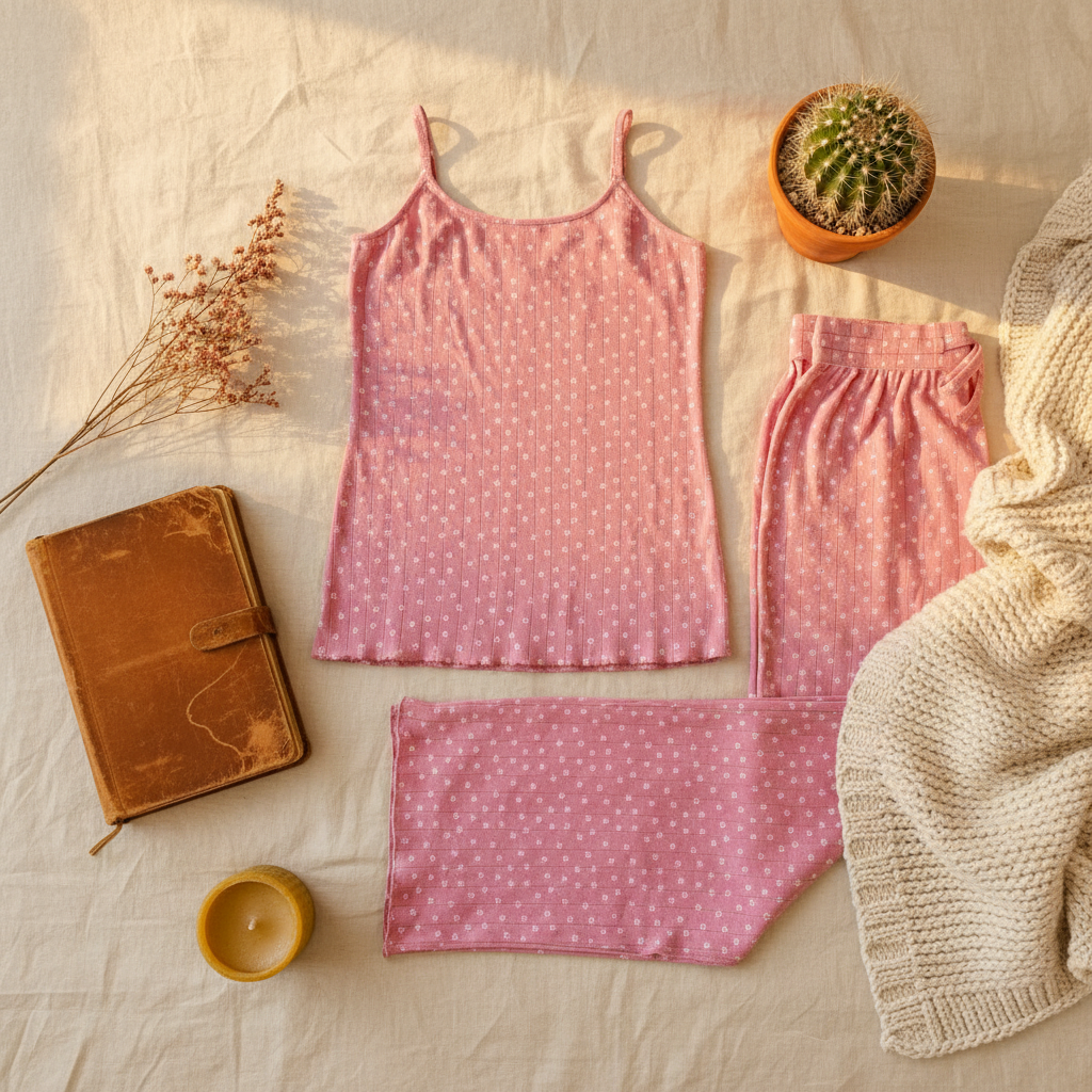 Pink Flower Pointelle Lounge Set Flat Lay