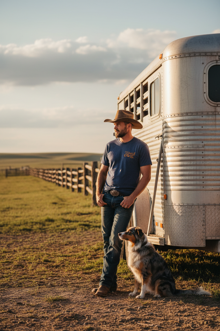 Red Label Tee — Man with Dog by Horse Trailer