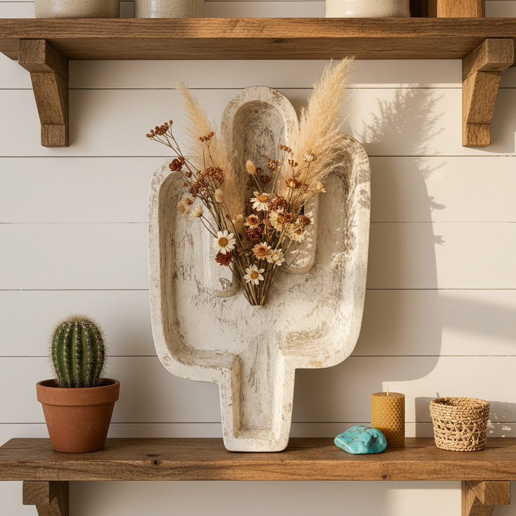 Rustic Wooden Cactus Dough Bowl Desert Living Room Shelf