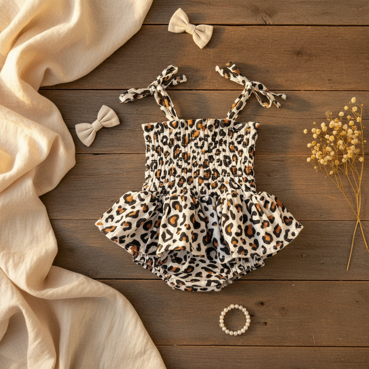 SIIX Leopard Muslin Smocked Bubble Dress - Rustic Flat Lay