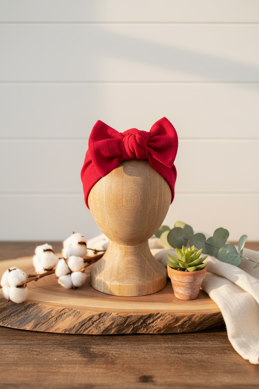 SIIX Red Organic Pointelle Headband - Wooden Head Display