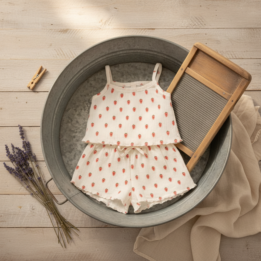 Strawberry Pointelle Rustic Laundry Flat Lay
