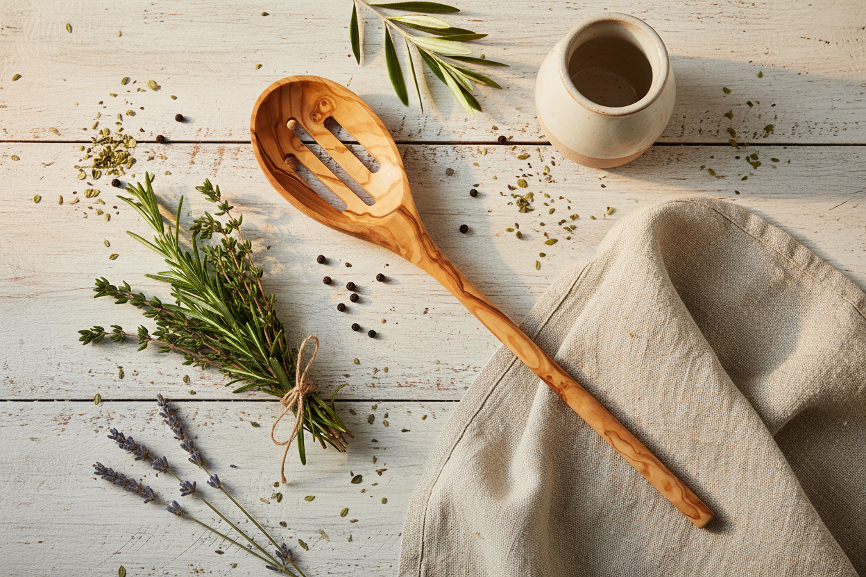 Tunisian Olive Wood Slotted Spoon — Farmhouse Flat Lay