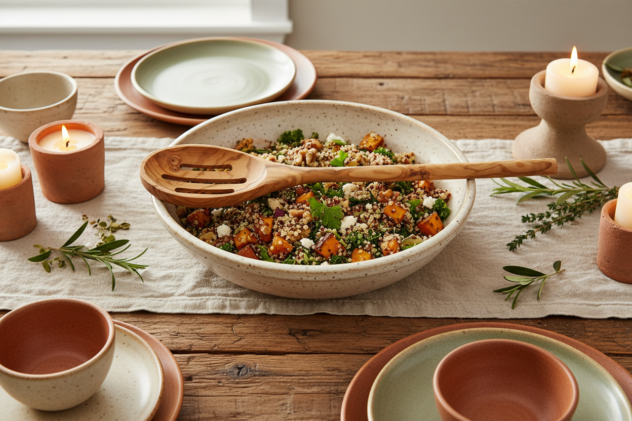 Tunisian Olive Wood Slotted Spoon — Rustic Table Serving Display