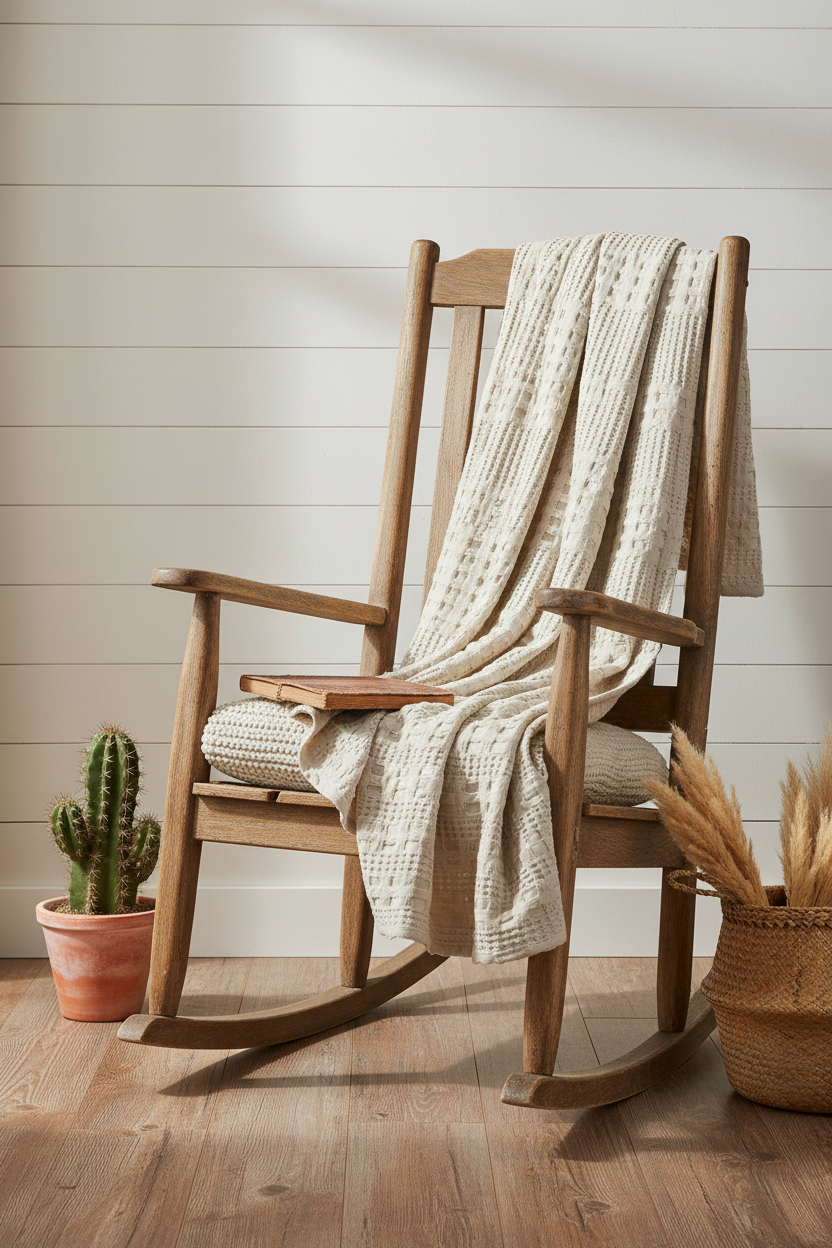 Waffle Weave Throw Rustic Rocking Chair Boho Farmhouse