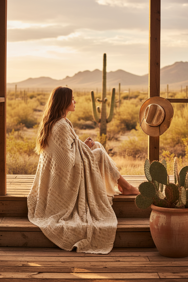 Waffle Weave Throw Woman on Farmhouse Porch Desert View
