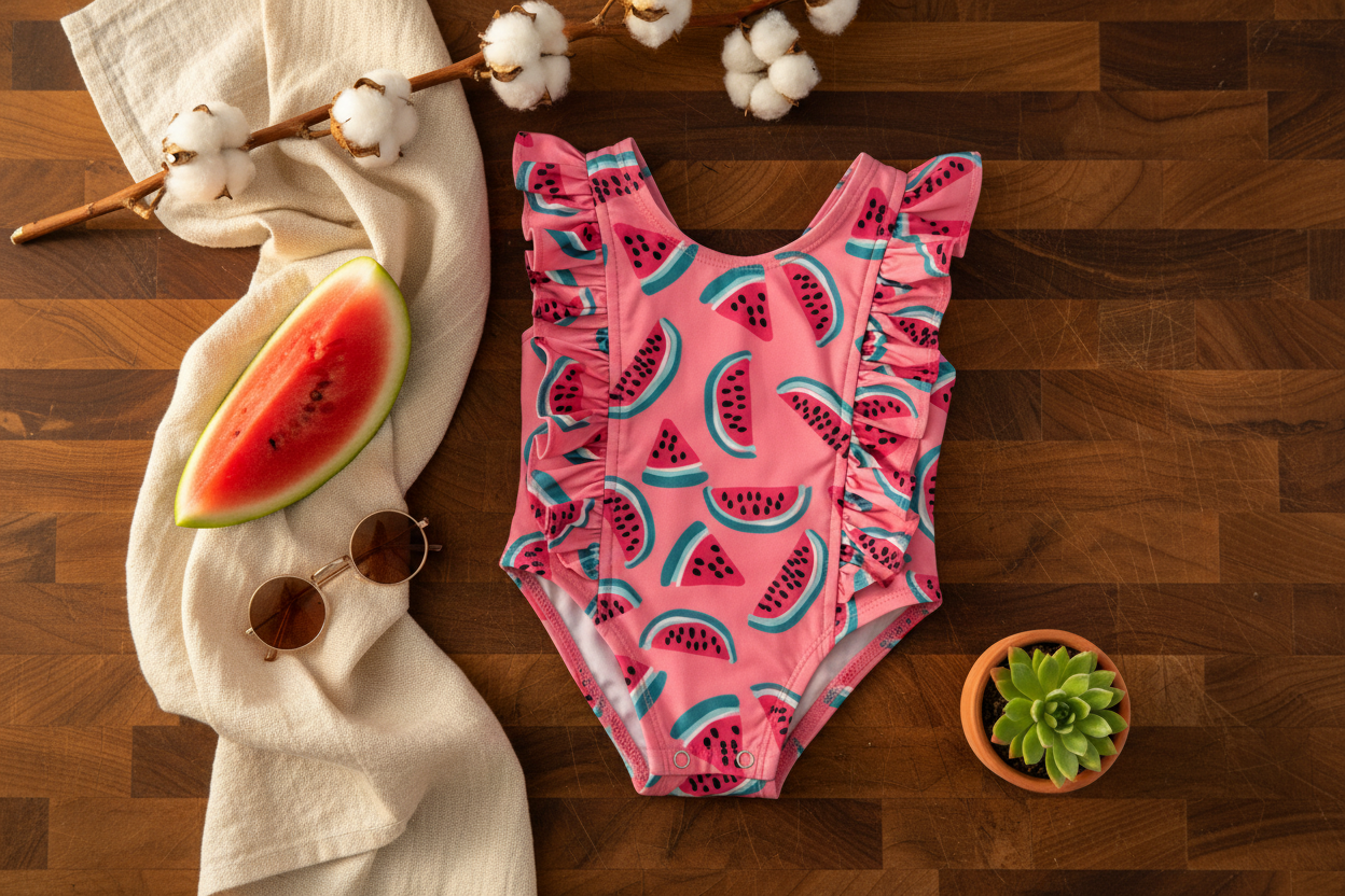 Watermelon Monaco Swimsuit - Rustic Farmhouse Flat Lay