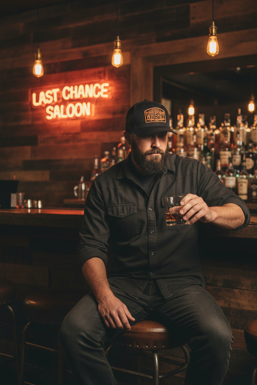 We Grow Whiskey Hat Man at Country Bar