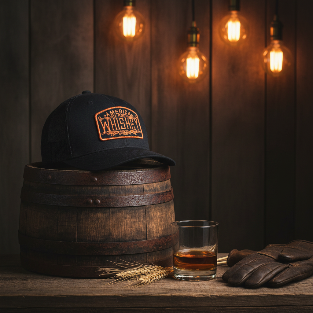 We Grow Whiskey Hat on Rustic Whiskey Barrel