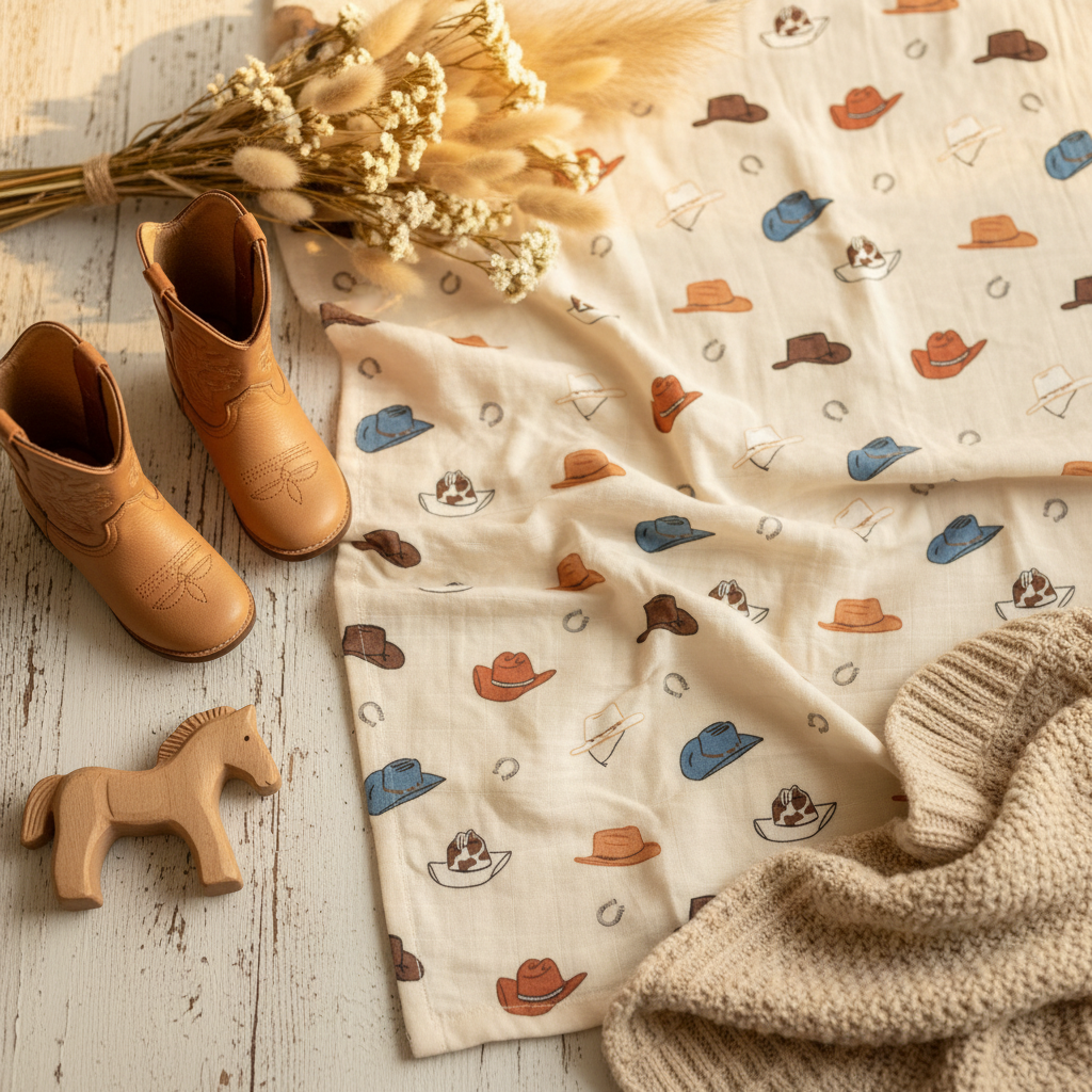 Western Muslin Crib Sheet Warm Flat Lay