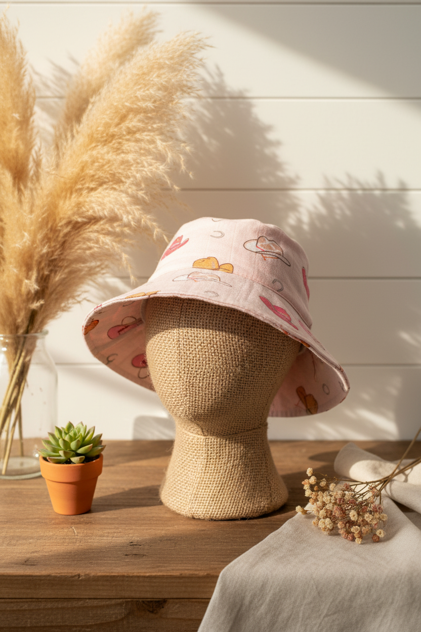 Western Pink Muslin Wide Brim Baby Sunhat - Burlap Display Head