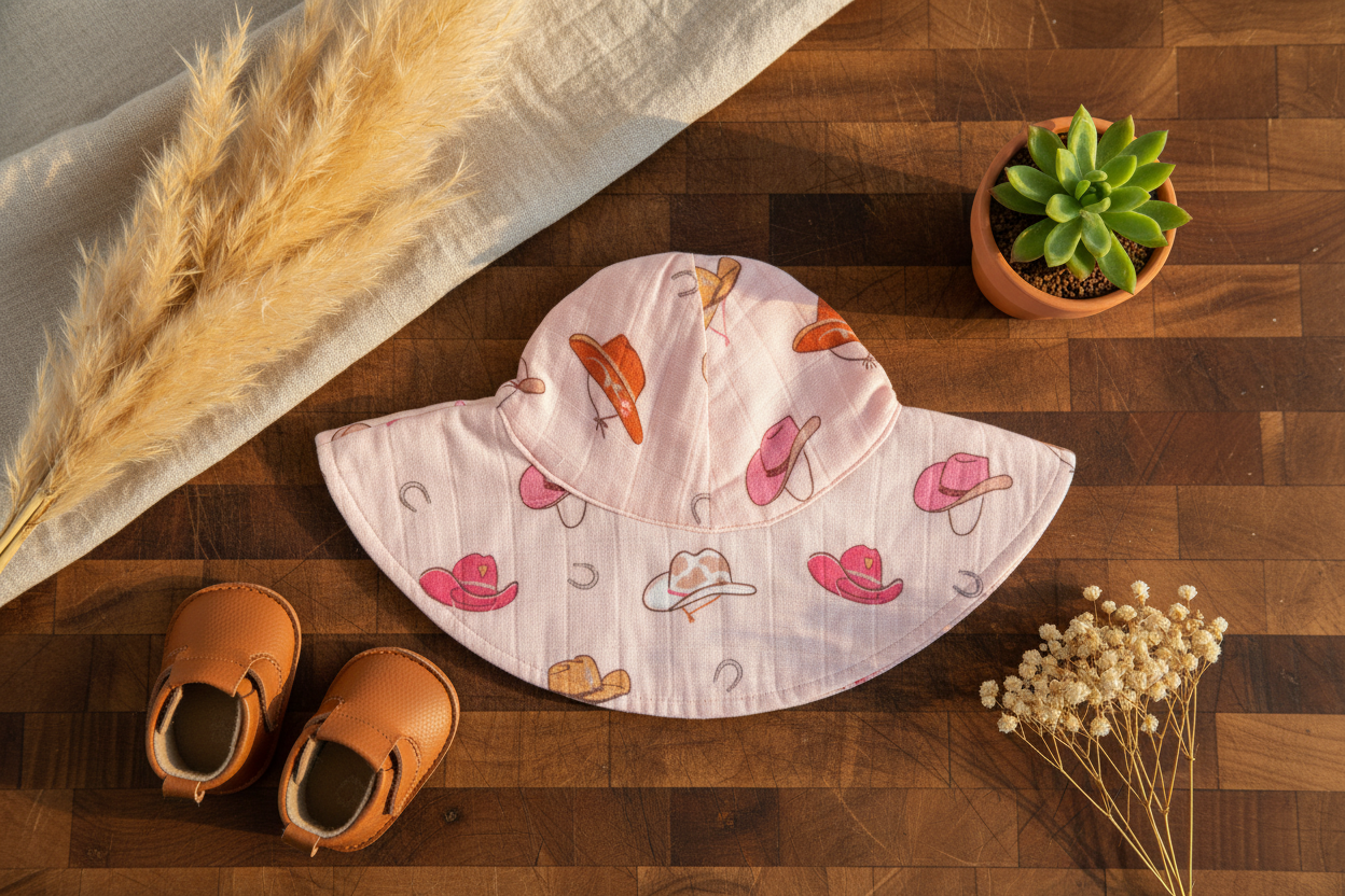 Western Pink Muslin Wide Brim Baby Sunhat - Farmhouse Flat Lay