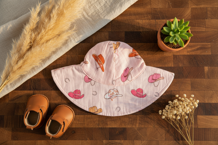 Western Pink Muslin Wide Brim Baby Sunhat - Farmhouse Flat Lay