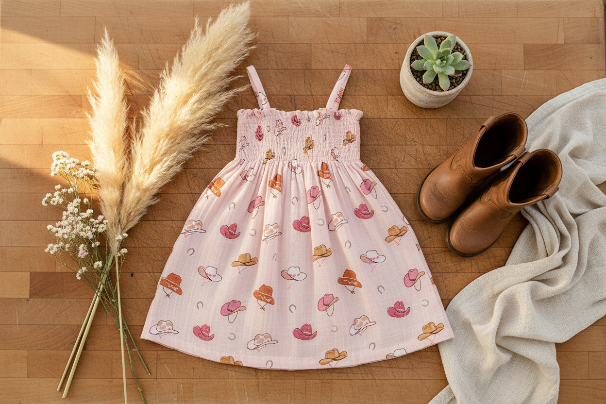 Western Pink Smocked Tube Dress - Rustic Farmhouse Flat Lay