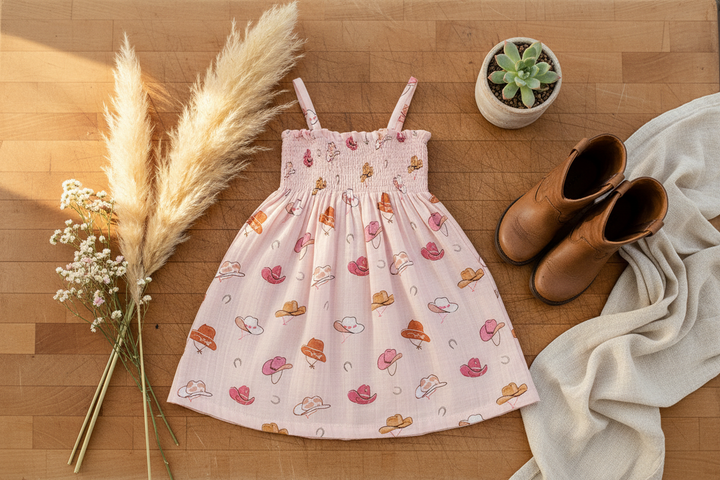 Western Pink Smocked Tube Dress - Rustic Farmhouse Flat Lay