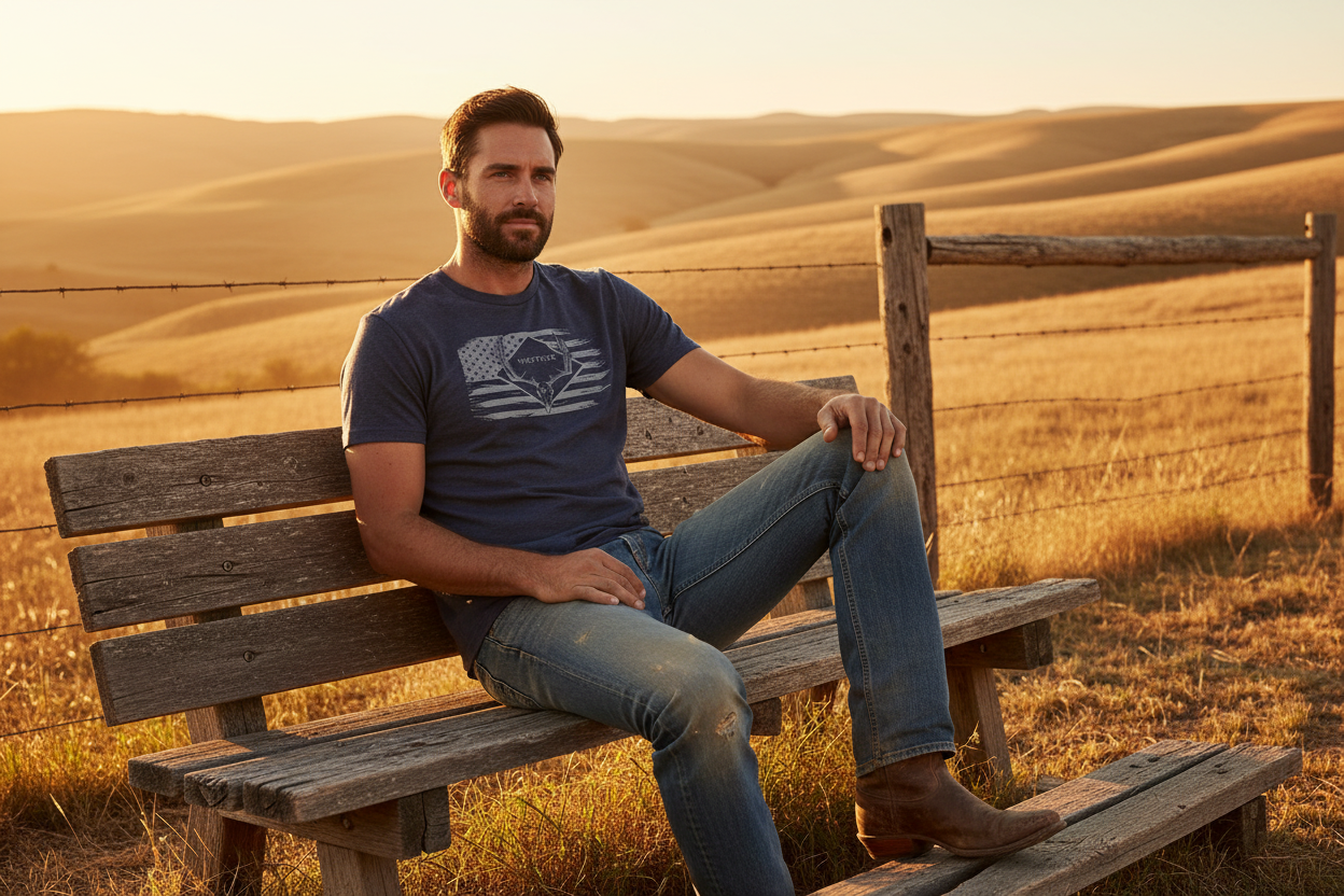 Westrek Wes Nation Skull Buck Tee Navy - Man on Bench
