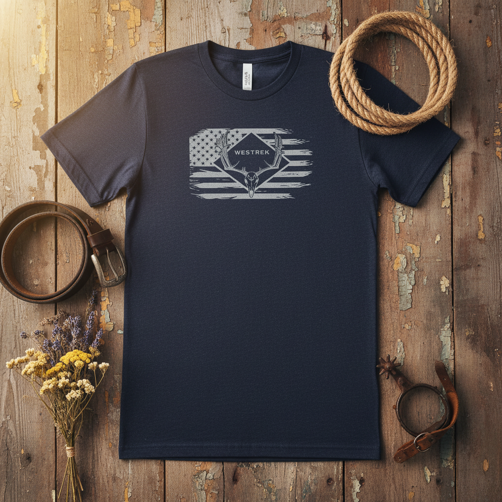 Westrek Wes Nation Skull Buck Tee Navy - Rustic Flat Lay