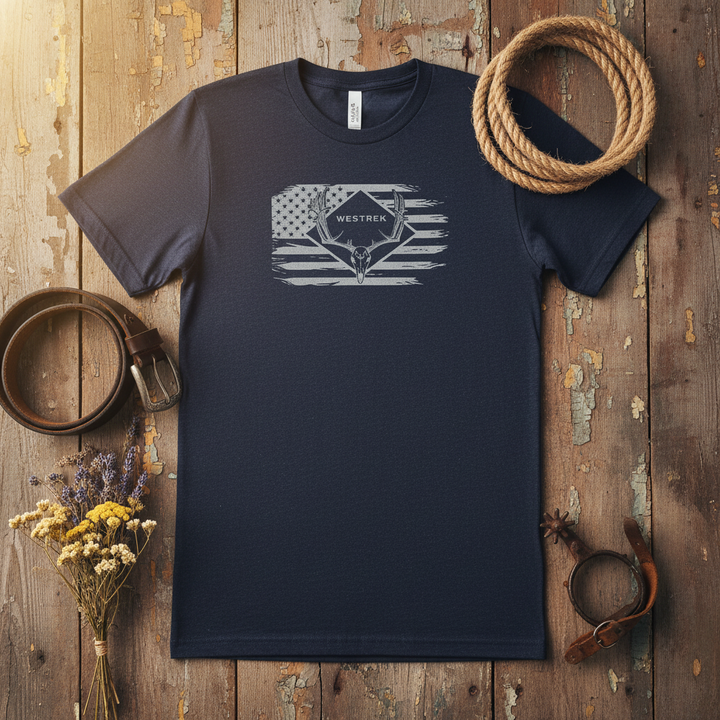 Westrek Wes Nation Skull Buck Tee Navy - Rustic Flat Lay