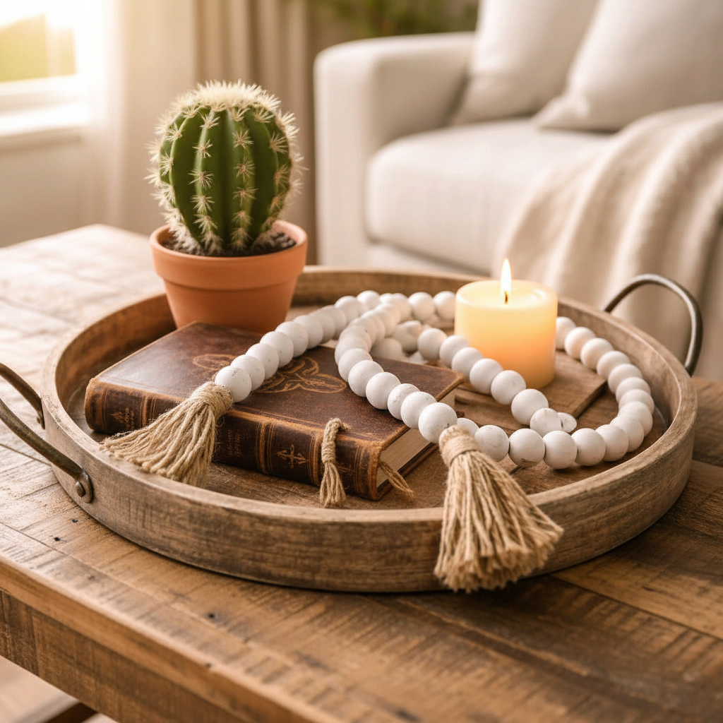 White Beaded Garland Coffee Table Display