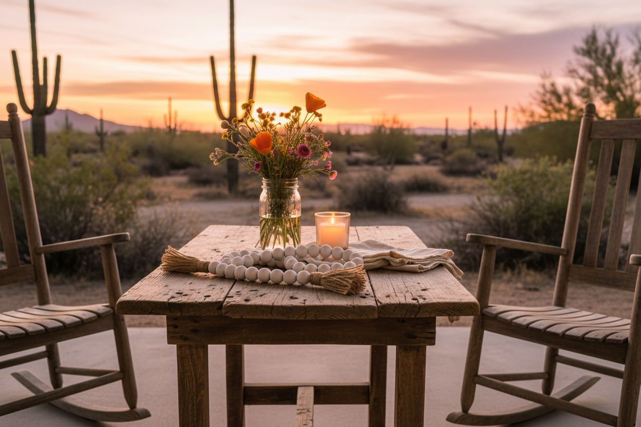 White Beaded Garland Rustic Farmhouse Porch Sunset