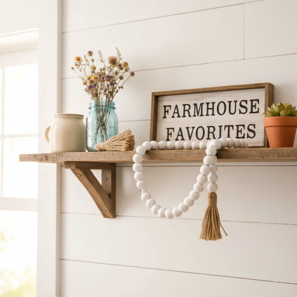 White Beaded Garland Rustic Kitchen Wood Shelf